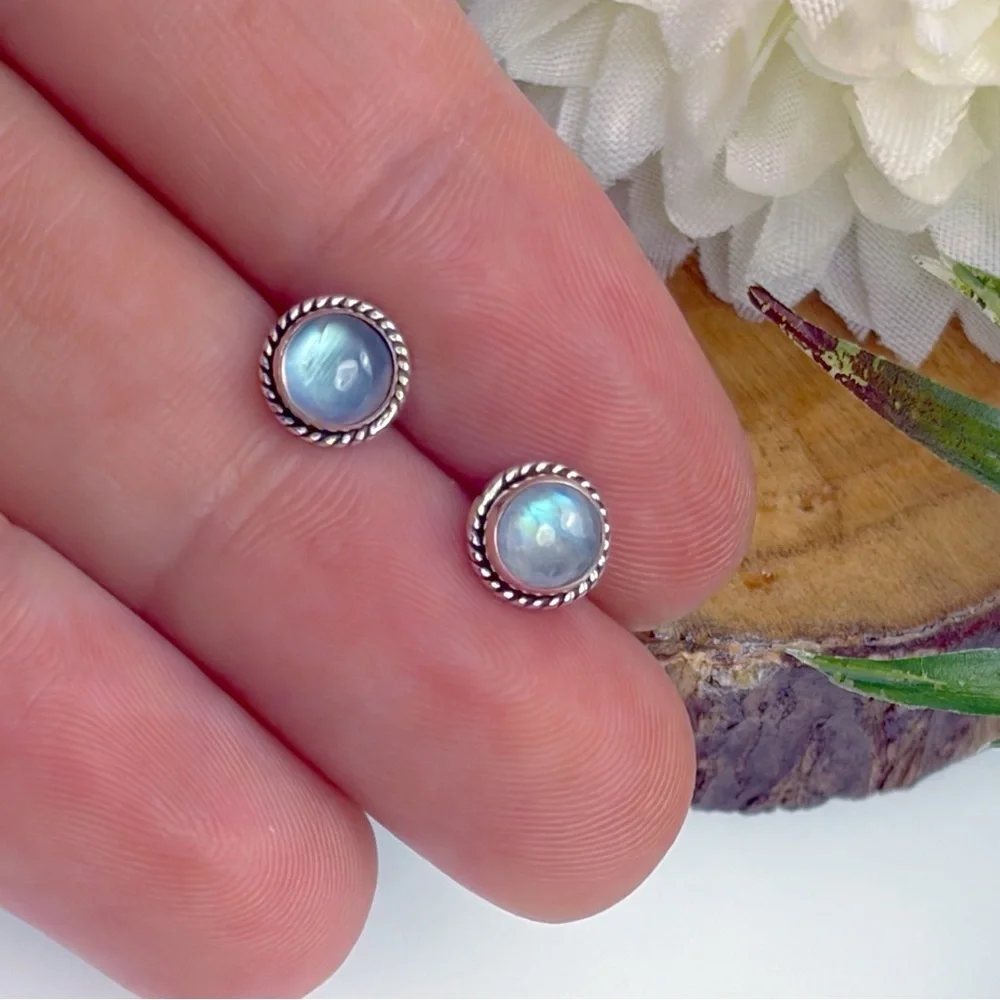 Pure Sterling Silver 925 Blue Rainbow Moonstone Stud Earrings Boho Southwest New - Picture 3 of 8